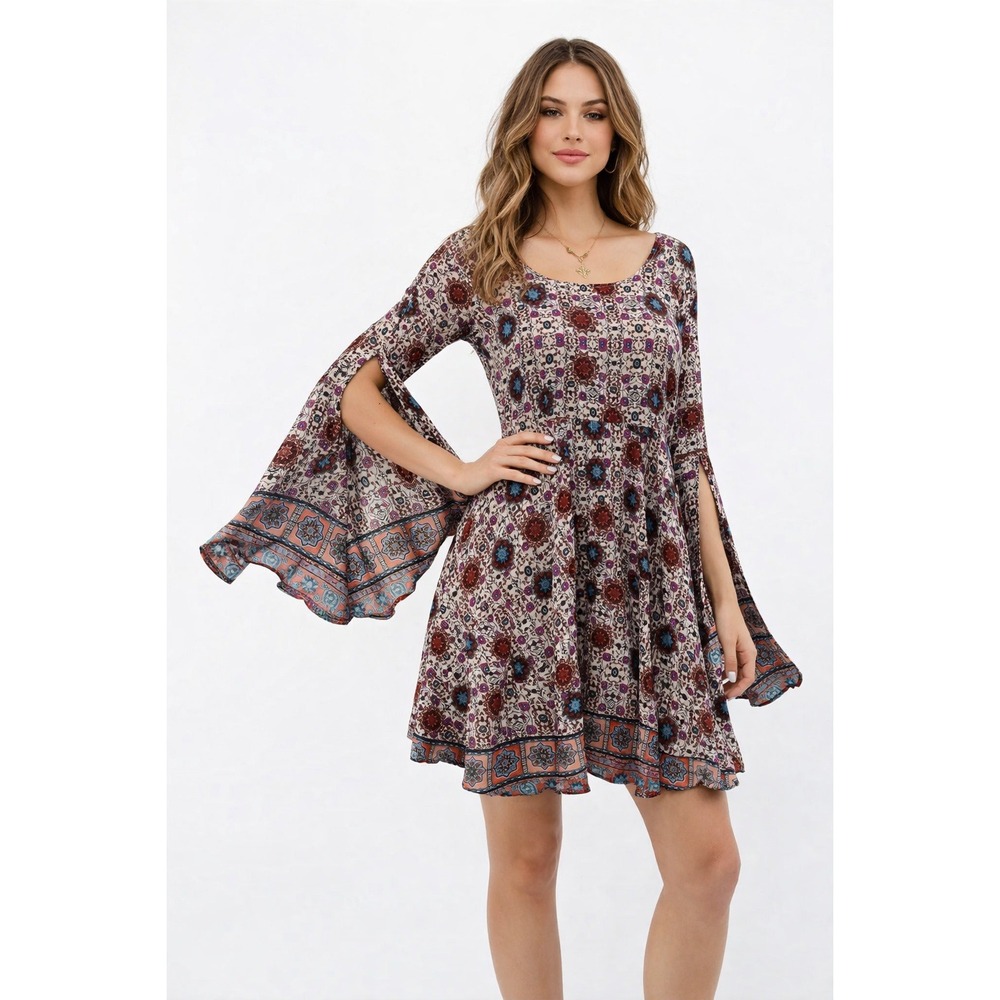 Floral Dress Womens Small Boho Festival Hippie Indie‎ Retro Split Bell Sleeves